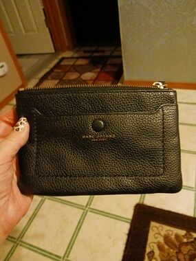 Marc Jacobs Black Pebbled Leather Card Wallet with Gold Logo